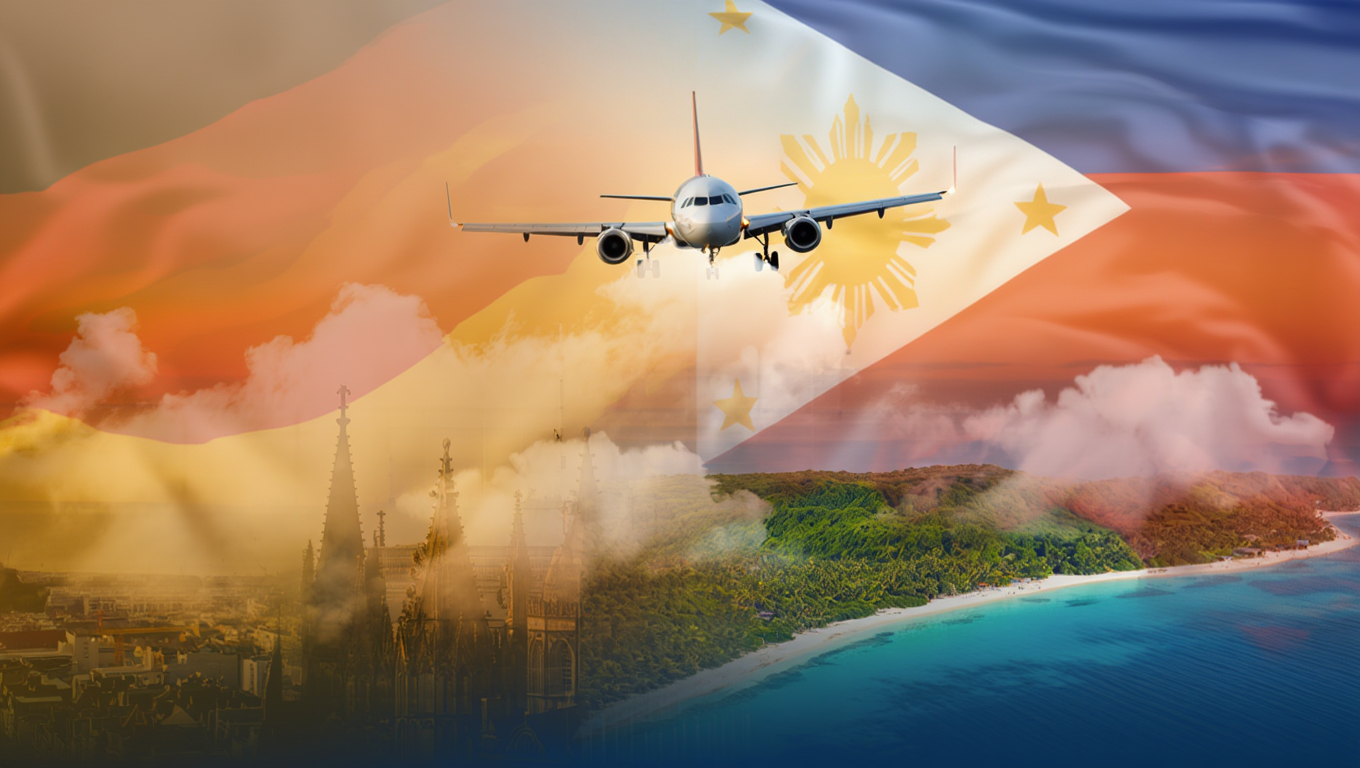 Flugzeug über beide Länder links und rechts mit jeweiligen Flaggen