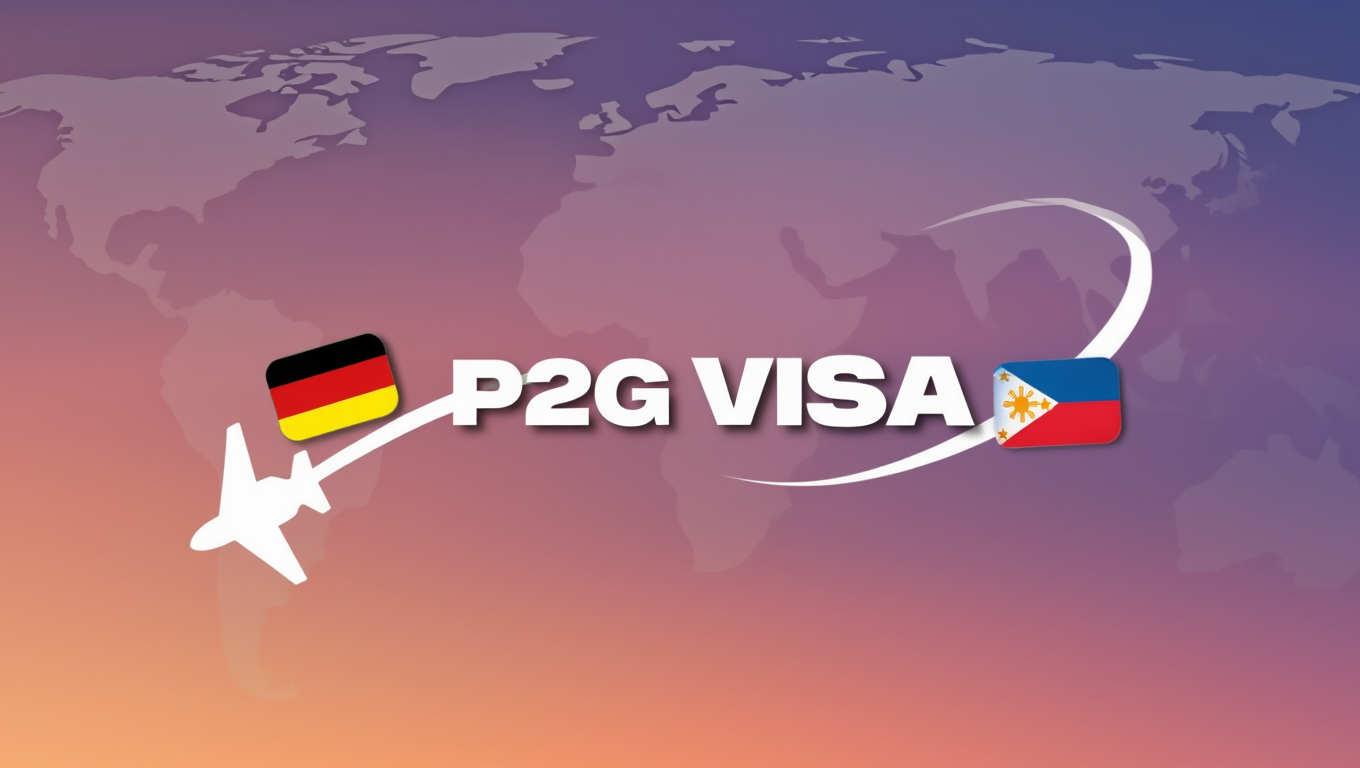 World map, P2G-Visa logo between the flags and airplane