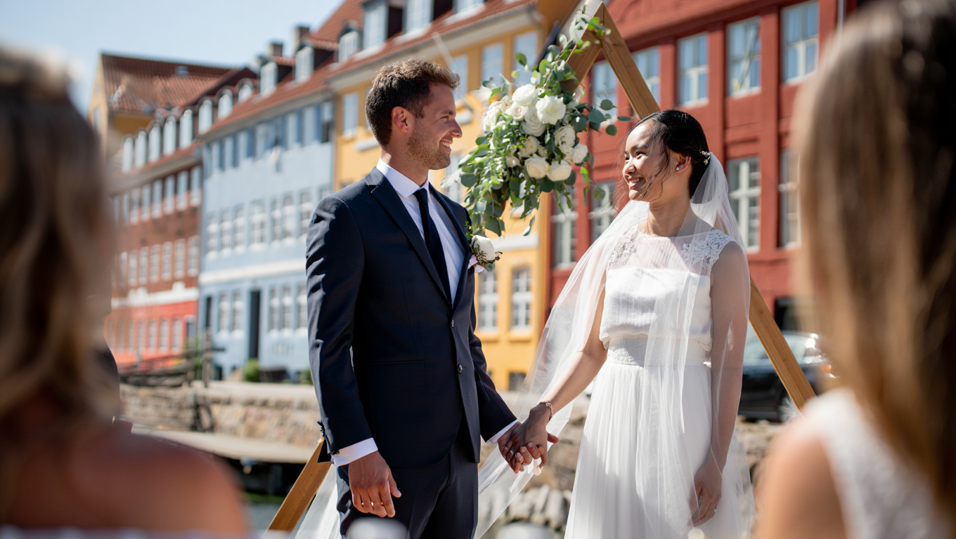 Deutscher Mann und Filipina Frau bei Hochzeit in Dänemark, glücklicher Moment