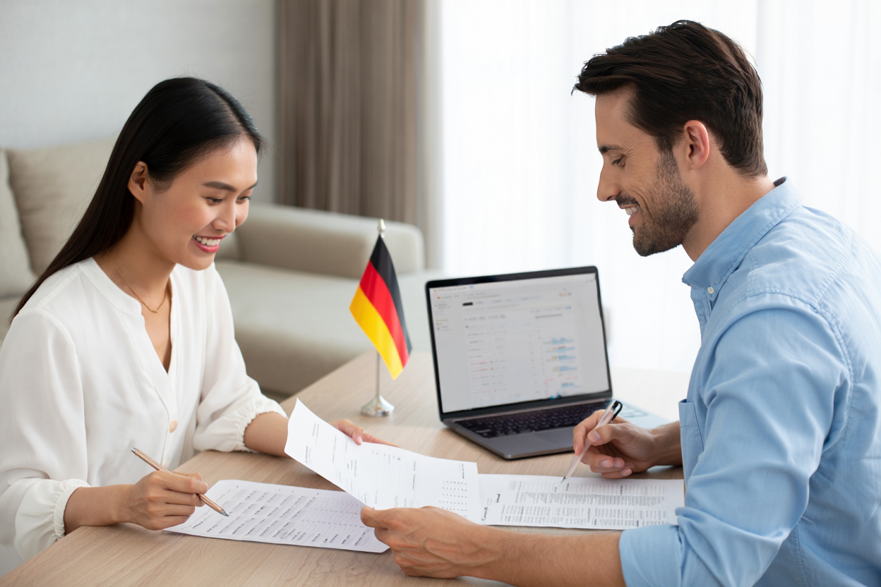 Filipino-German couple preparing documents for the Philippines German Embassy with professional support.