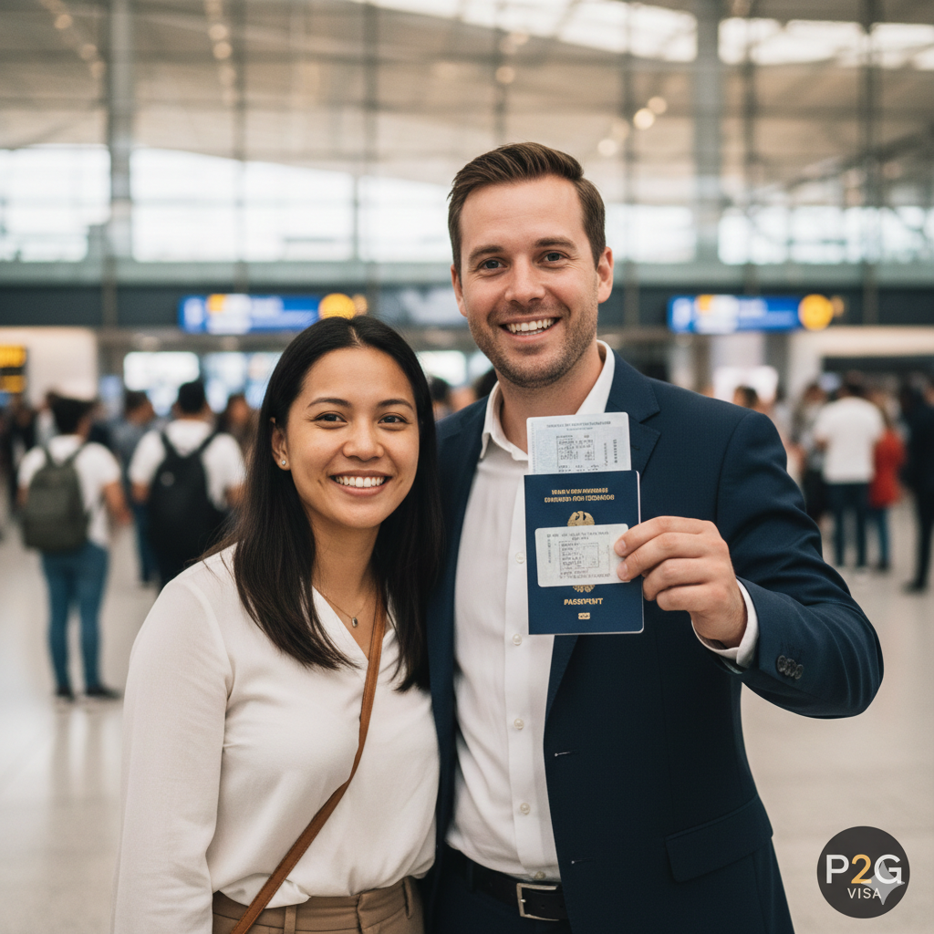 Happy Filipino-German couple at the airport, holding passports with approved German visas – professional support by P2G-Visa.