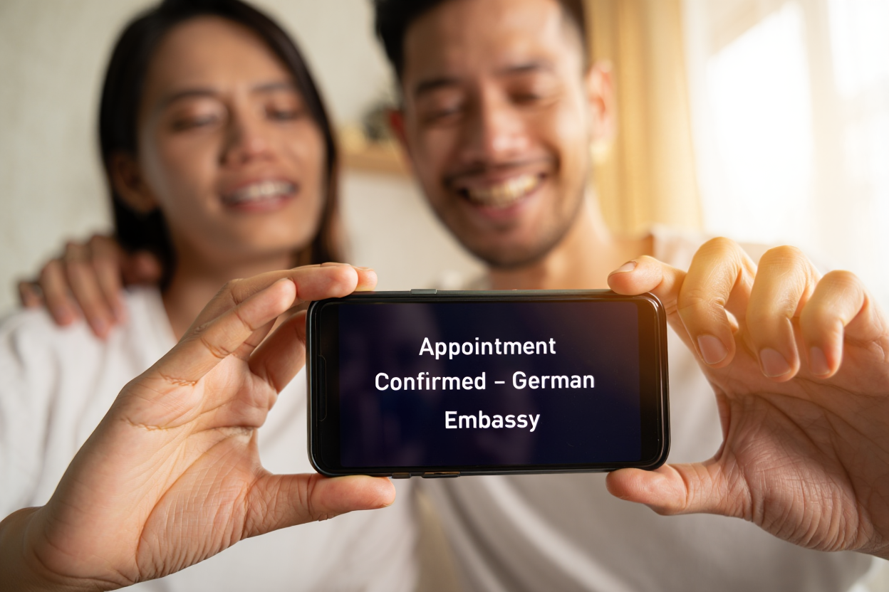 Close-up of a visa appointment confirmation on a phone with a happy Filipino-German couple in the background – professional preparation for the German Embassy Manila by P2G-Visa.