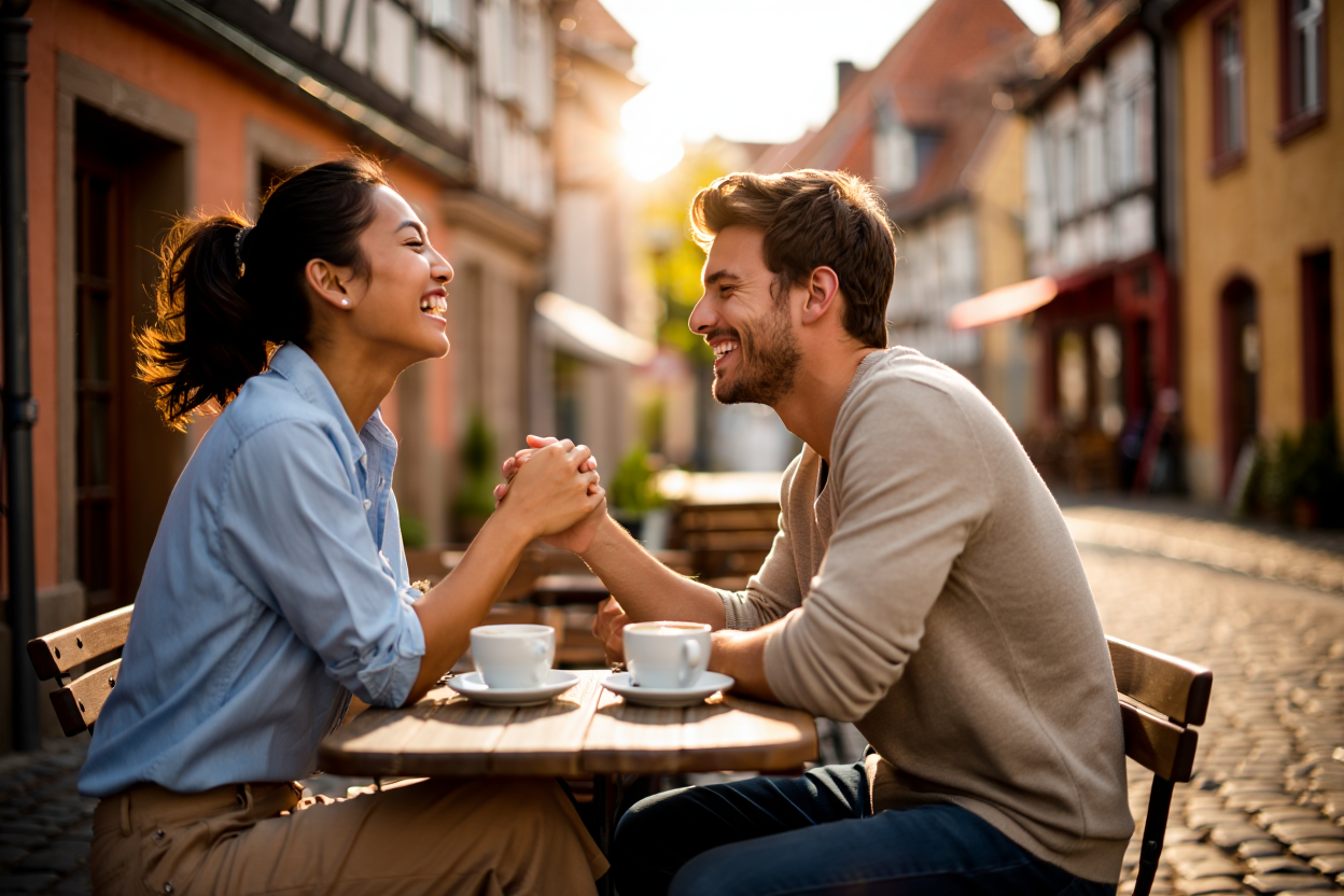Binational couple enjoying quality time in a German café with a visit visa – Strategic consulting by P2G-Visa.