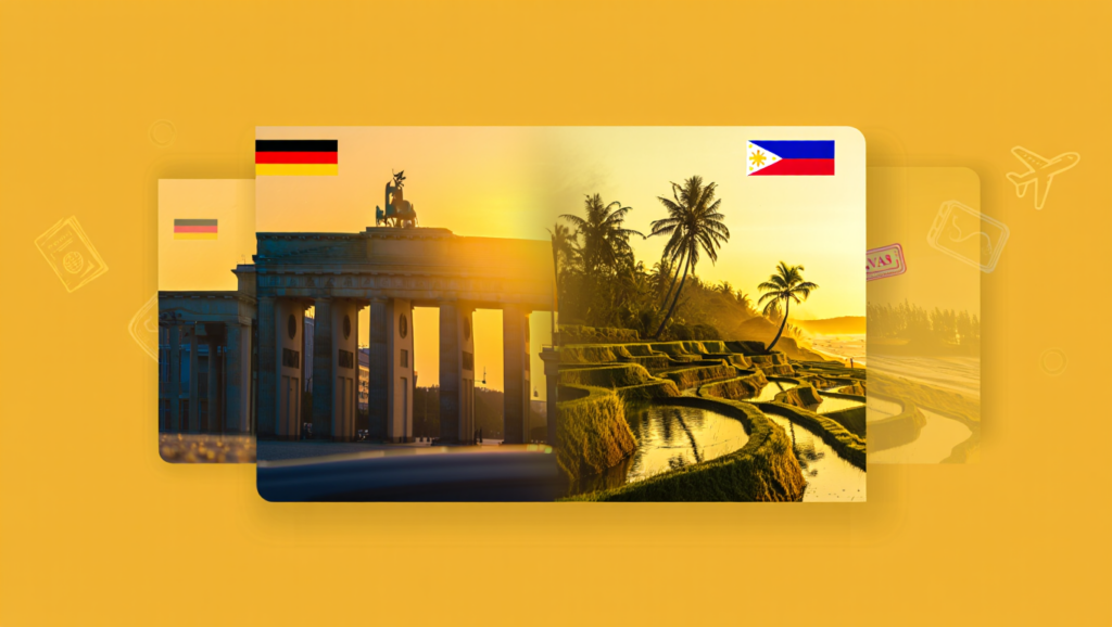 Kollage bei goldenem Sonnenuntergang: Das Brandenburger Tor in Berlin verschmilzt mit den grünen Reisterrassen der Philippinen (Banaue-Style) und einem tropischen Palmenstrand. Oben links die deutsche Flagge, oben rechts die philippinische Flagge mit Sonne und Sternen – Symbol für kulturelle Verbindung und Fernreisen zwischen Deutschland und Philippinen.